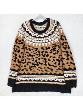 Torrid Sweater Womens 3X Brown Leopard Fair Isle Crewneck Knit Tunic Pullover